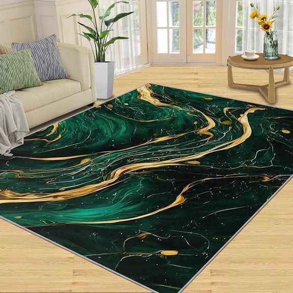 Emerald Green Rug, Abstract Gilded Art Decor Rug, Modern Rugs For Bedroom, Easy To Clean Non-Slip Washable Rugs For Living Room 5x6ft