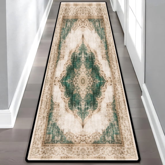 Emerald Green Runner Rug, Vintage Bohemian Hallway Runner, Non-Slip Washable Oriental Floor Mat for Entryway Kitchen, 60x18in/5x1.5ft