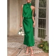thumbnail image 1 of Emerald Green Satin Sleeveless Cowl Neck Midi Cocktail Dress, 1 of 30