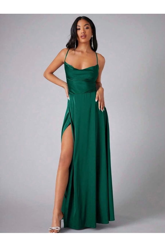 Emerald Green Satin Spaghetti Strap Cowl Neck Maxi Dress With High Slit