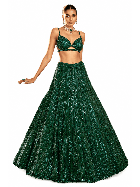 Emerald Green Sequins Lehenga Choli for Women, Net Designer Lehenga Set with Rainbow Sequins Dori Work, Unstitched Blouse & Net Dupatta, Indian Wedding Reception Party Wear