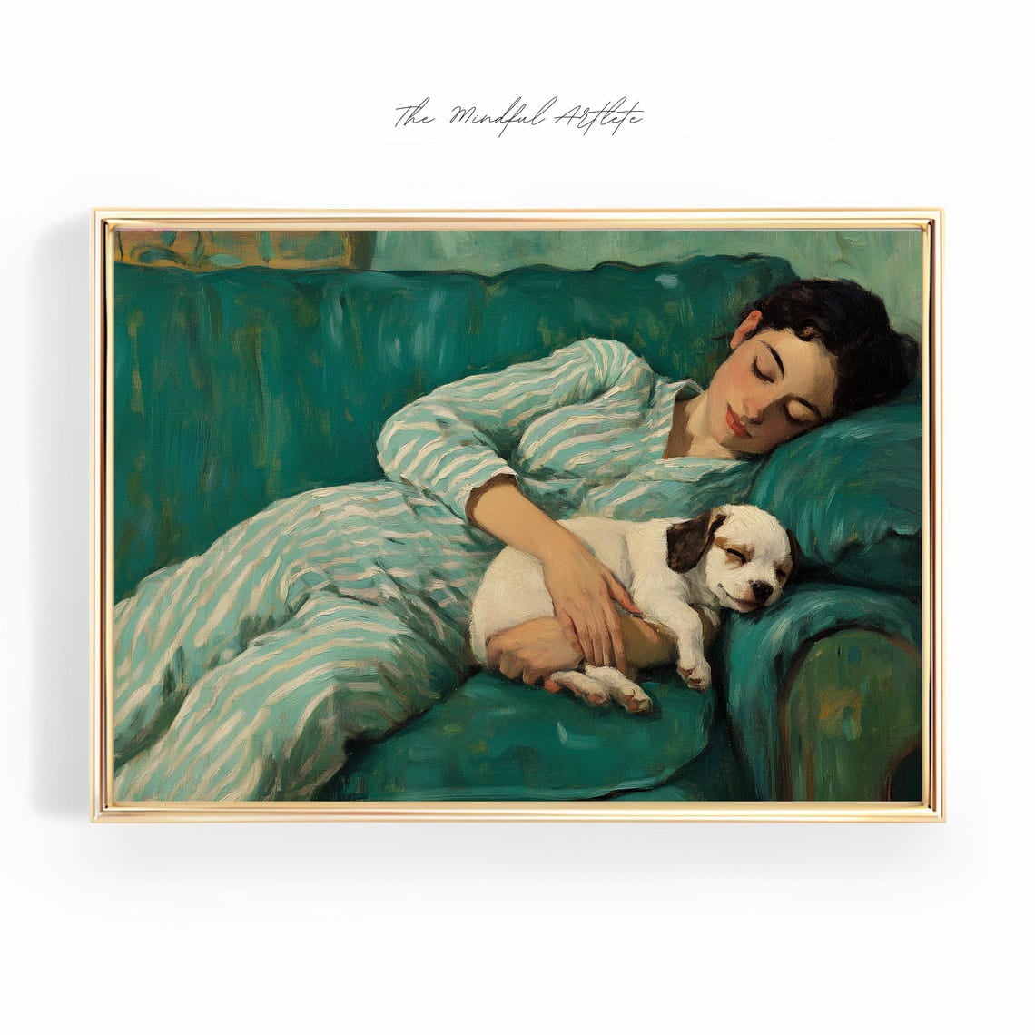 Emerald Green Sleeping Woman Portrait Puppy Print Horizontal Striped ...