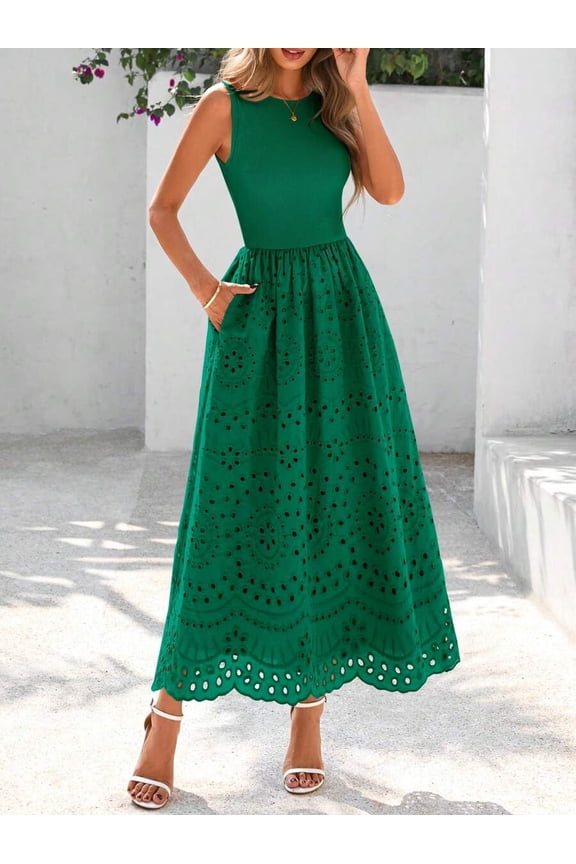 Emerald Green Sleeveless Crew Neck Eyelet Lace A-Line Maxi Dress