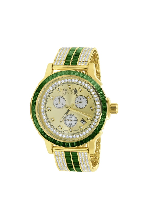 Emerald Green Solid Steel Baguette-Cut Solitaire Bezel Yellow Gold Tone Simulated Diamond Adjustable Band Mens Watch W/Date