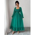 thumbnail image 1 of Emerald Green Square Neck Smocked Long Sleeve A-Line Ruffle Hem Midi Dress For Women, 1 of 6