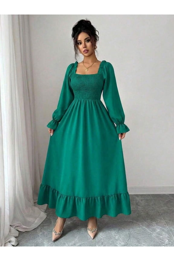 Emerald Green Square Neck Smocked Long Sleeve A-Line Ruffle Hem Midi Dress For Women