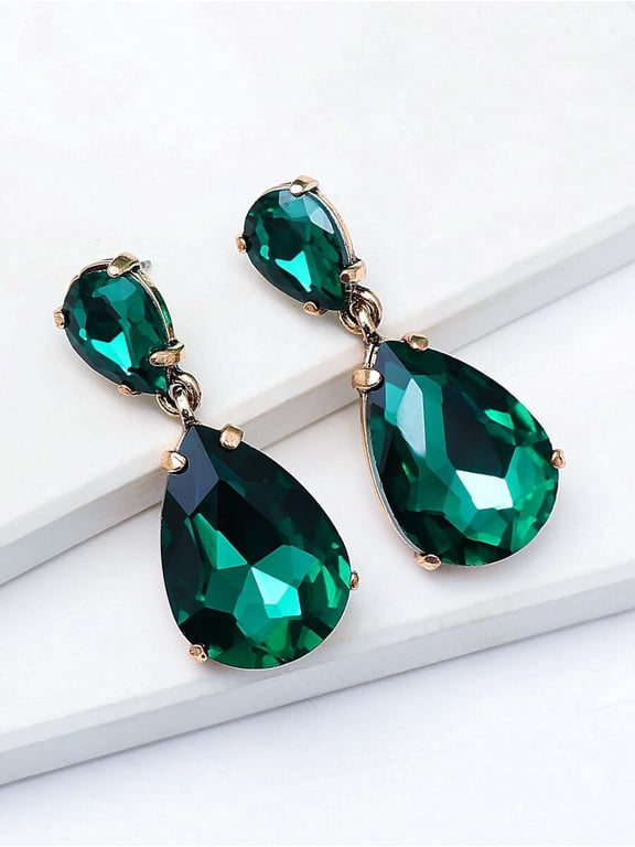 Emerald Green Teardrop Dangle Earrings With Goldtone Setting And Faceted Cubic Zirconia