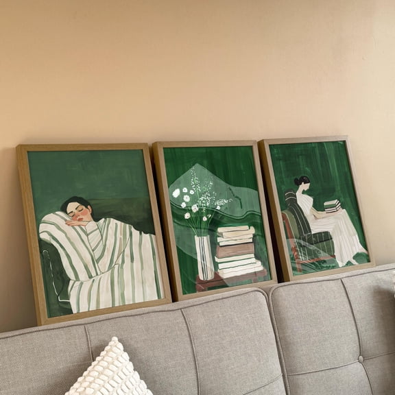 Emerald Green Triptych Wall Art: Cozy Bookish Prints Home Decor Office Wall Art Set 3