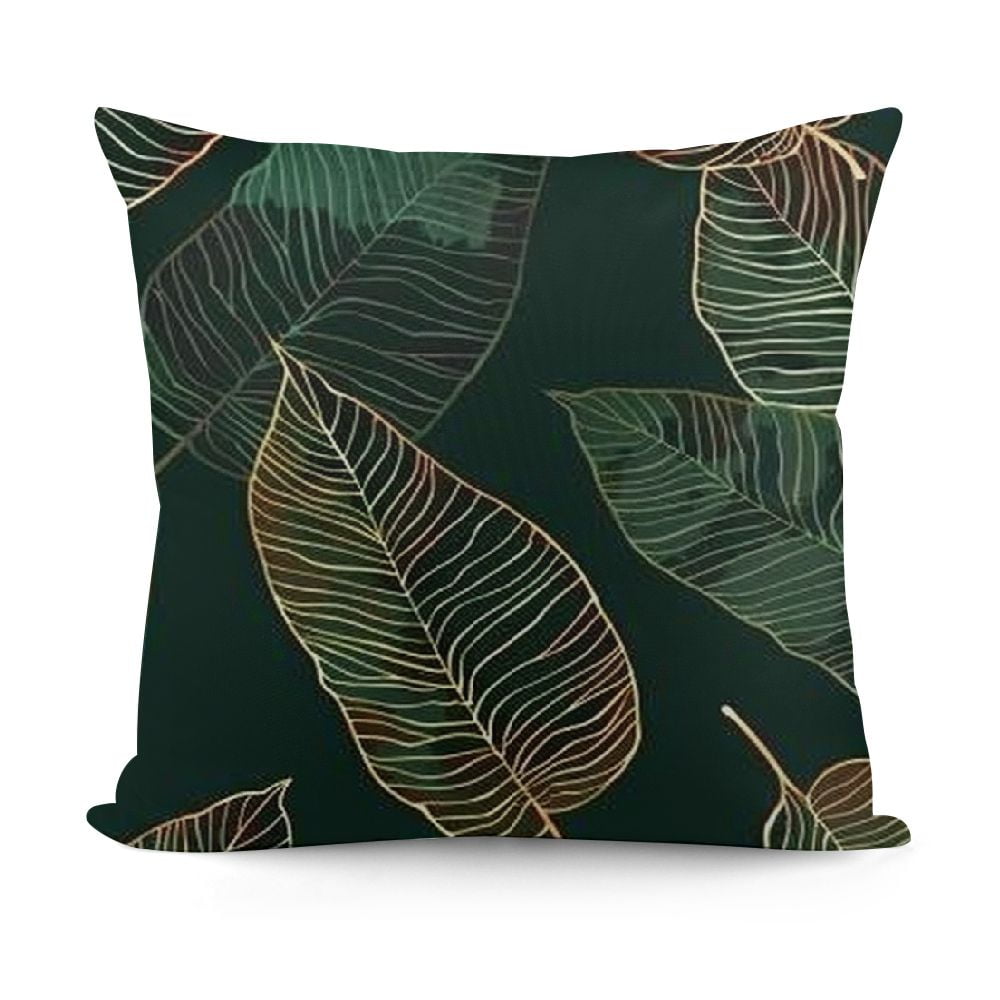 Emerald Green Tropical Leaves Throw Pillow Covers, Satin Decorative