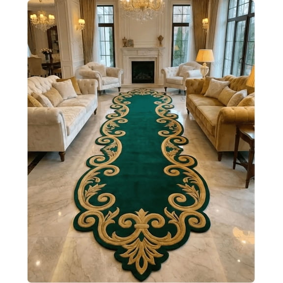 Emerald Green Tufted Runner Rug with Gold Baroque Border, Luxury Hallway Carpet, Custom Handmade Statement Rug