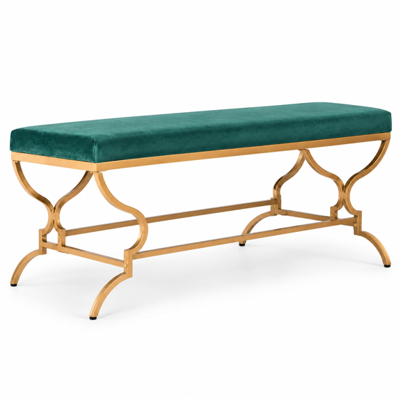 Emerald Green Velvet & Gold Rectangular Bench - 46" W Seating