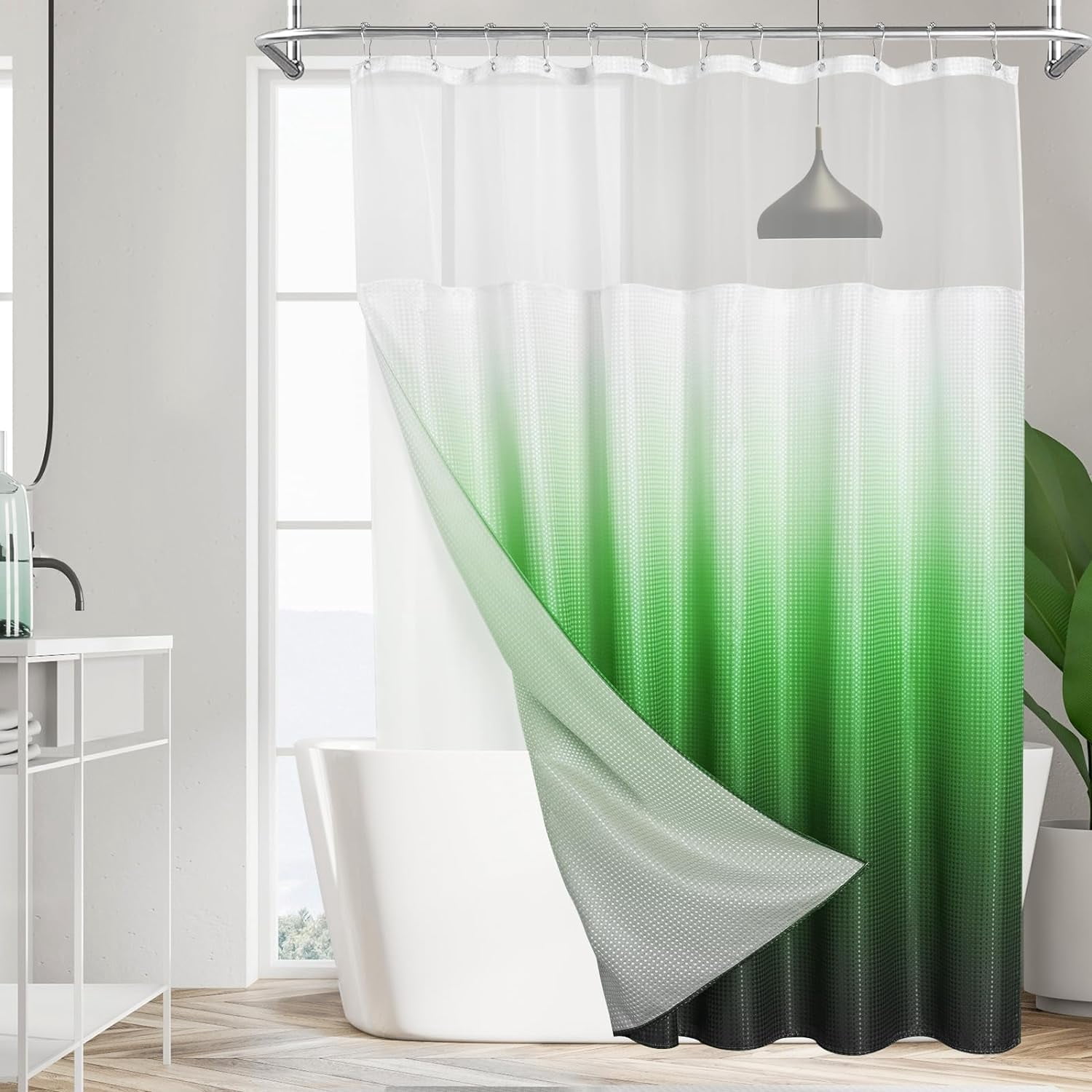 Emerald Green Waffle Shower Curtain with Snapin Liner, Dark Green