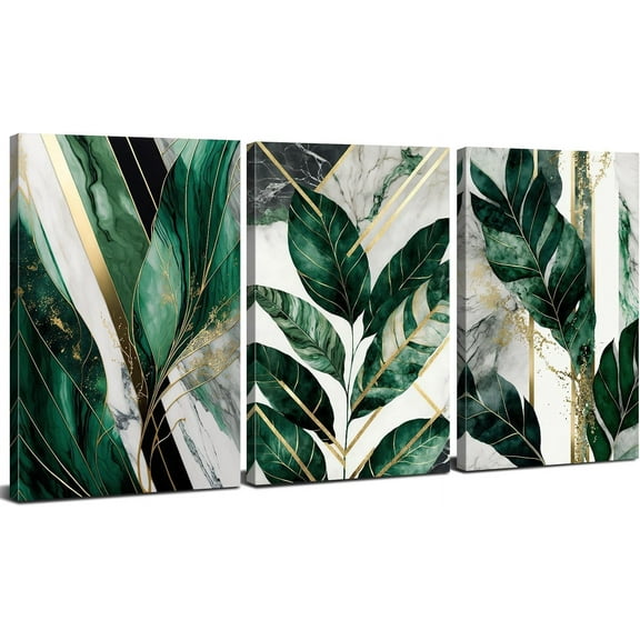 Emerald Green Wall Art Tropical Botanical Prints Bathroom Canvas Plant Leaf Wall Decor for Living Room Abstract Marble Sage Pictures Boho Gold Leaves Painting Artwork Bedroom Home Decoration 12x16 3P