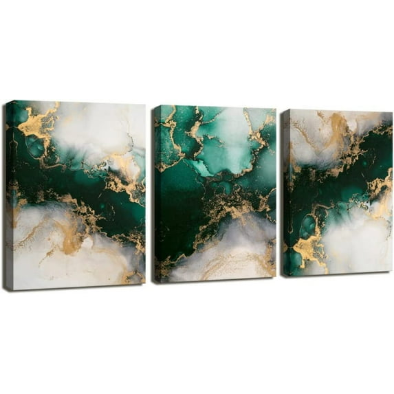 Emerald Green Wall Art,for Dining Room Bedroom Bathroom Living Room Wall Decor, Green and Gold Abstract Canvas Wall Art, Modern Glam Home Office Wall Decoration 12" X 16" X 3 Pieces