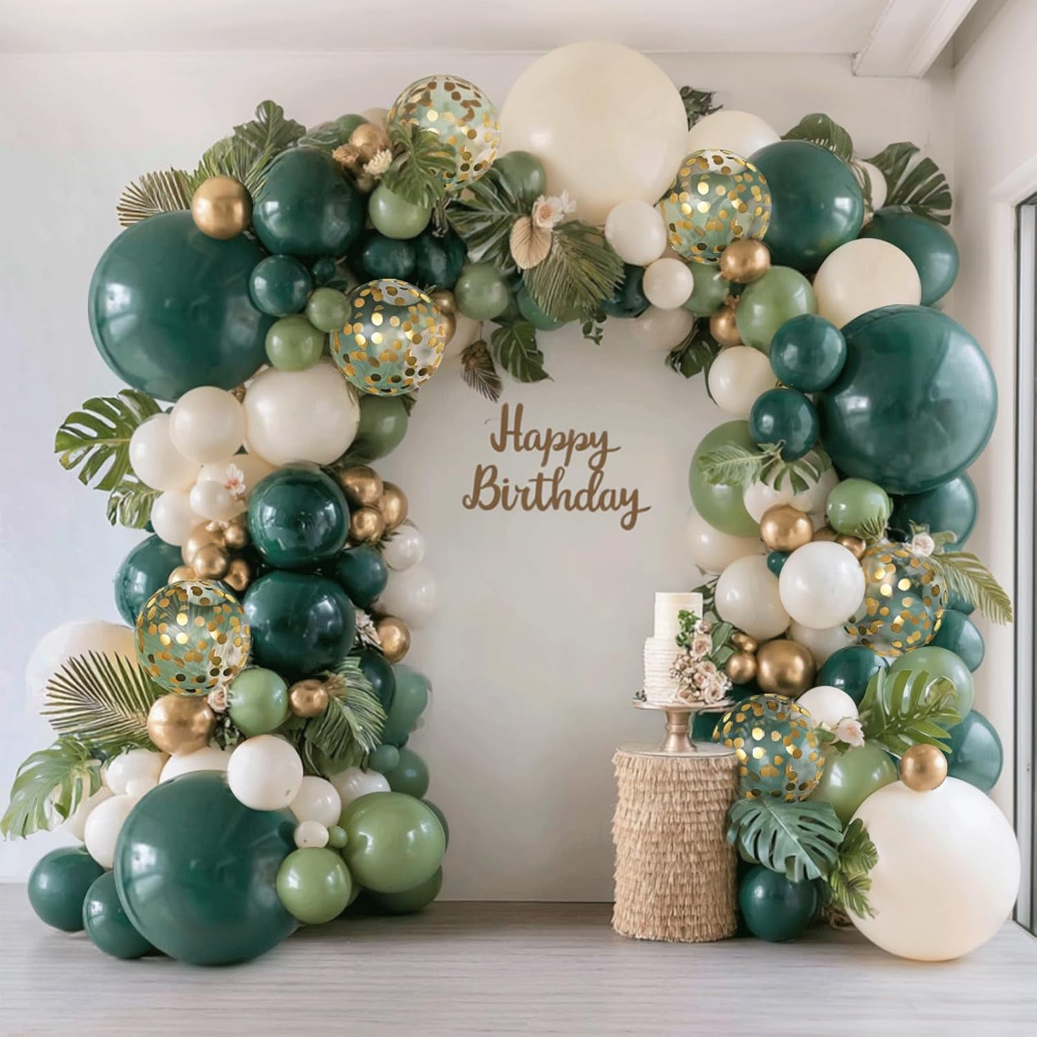 Emerald Green White Gold Balloon Arch Kit, Double Stuffed Sage Olive Green Sand White Beige Chrome Gold Confetti Balloons, for Wedding Birthday Graduation Jungle Safari Party Decor