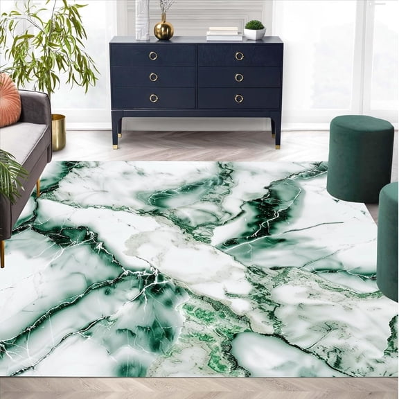 Emerald Green White Marble Area Rugs, Abstract Texture Design Carpet, Washable Non Slip Low Pile Rug for Living Room Bedroom Dining Room Office Decor Mat 5x8ft