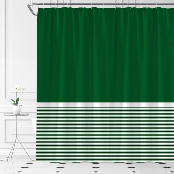 Emerald Green and White Striped Shower Curtain, Modern Minimalist Geometric Stripe Waterproof Bathroom Curtain with Hooks, Boho Farmhouse Decor 72"W x 72"H