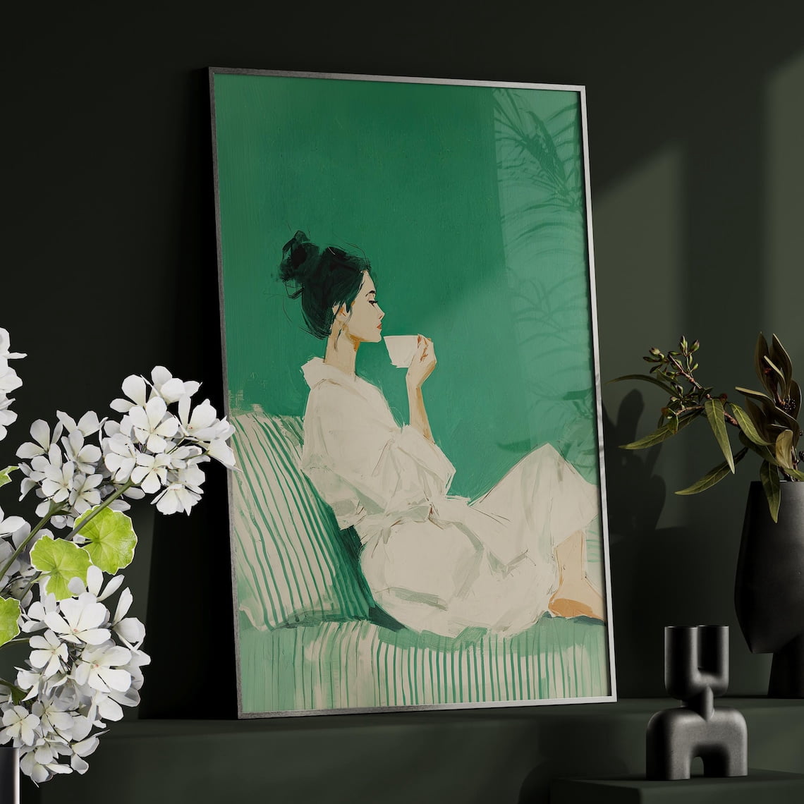Emerald Green Woman Art Poster Or Print, Coffee Lover Print, Minimalist ...