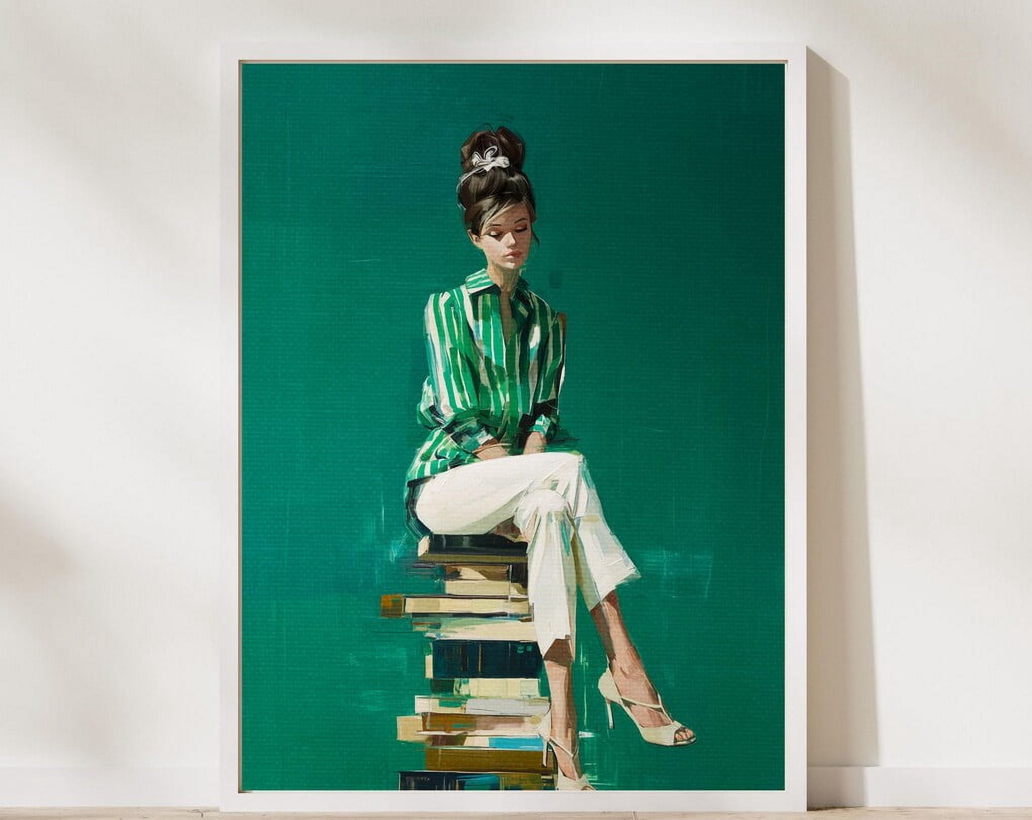 Emerald Green Woman With Books Wall Art Poster Print, Literary Decor ...