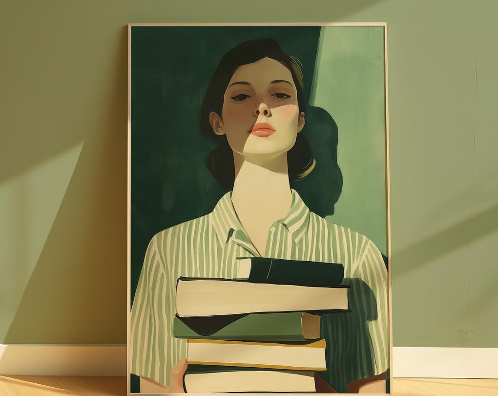 Emerald Green Woman With Books Wall Art Print, Literary Decor, Modern ...