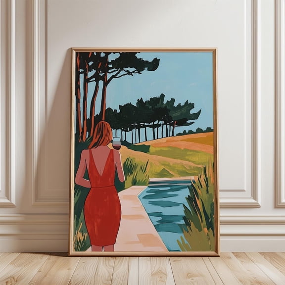 Emerald Green Woman By Pool Minimalist Contemporary Wall Art Decor, Unframed Paper Poster 8x10in