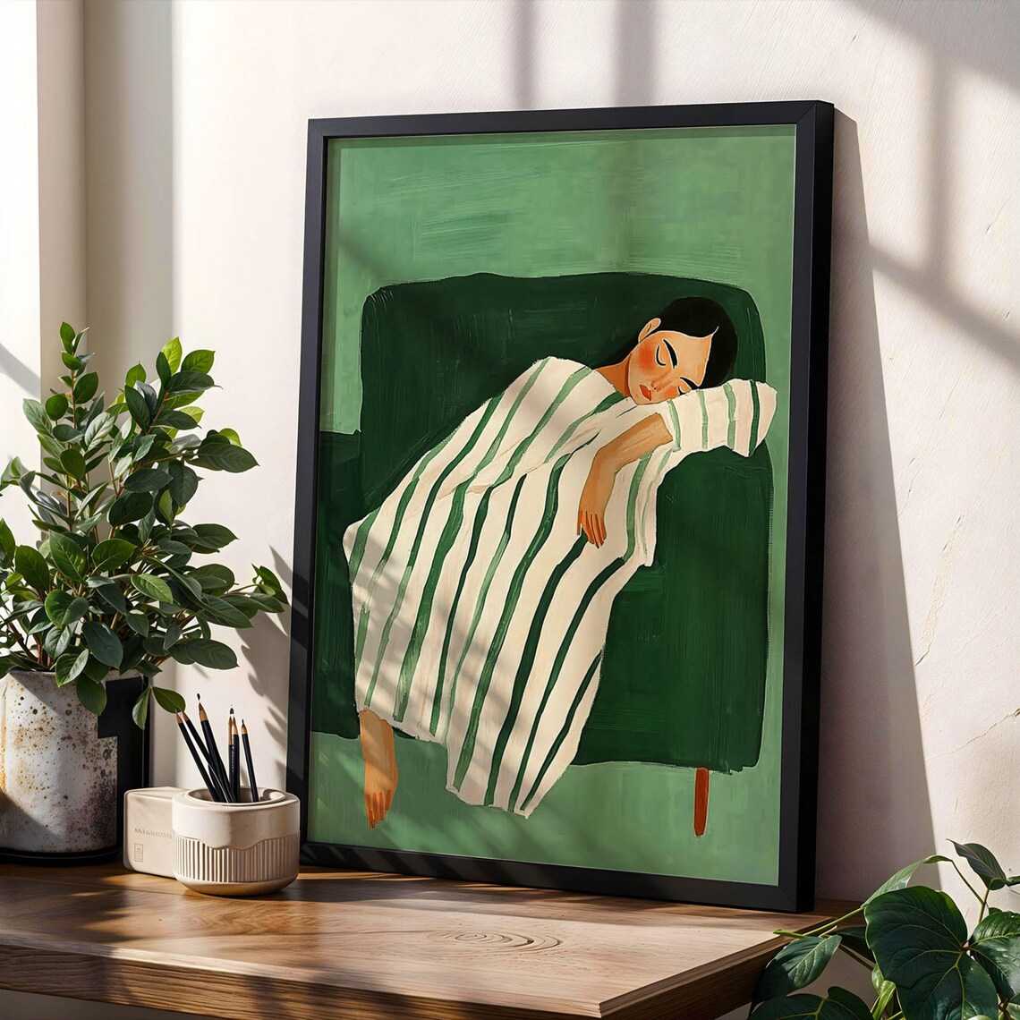 Emerald Green Woman Napping Art Print Poster Minimalist Bedroom Decor ...