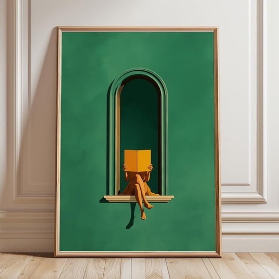 Emerald Green Woman Reading Print-Green Wall Art, Library, Book Lover s, Minimalist Decor, Dopamine Decor, Reading Nook Bedroom Wall Art, Unframed Paper Poster 8x10in