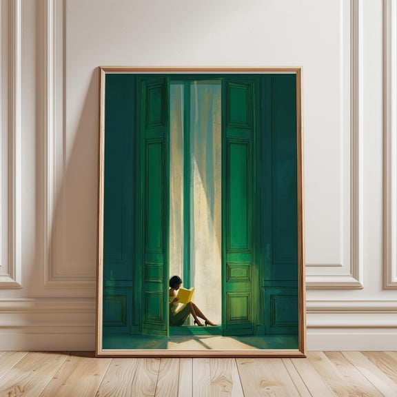 Emerald Green Woman Reading Print, Green Wall Art, Library, Minimalist Decor, Dopamine Decor, Reading Nook Bedroom Wall Art