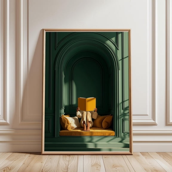 Emerald Green Woman Reading Print, Green Wall Art, Library, Minimalist Decor, Dopamine Decor, Reading Nook Bedroom Wall Art