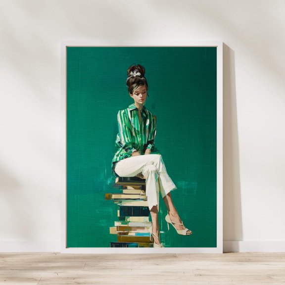 Emerald Green Woman With Books Modern Literary Reading Poster, Unframed Poster