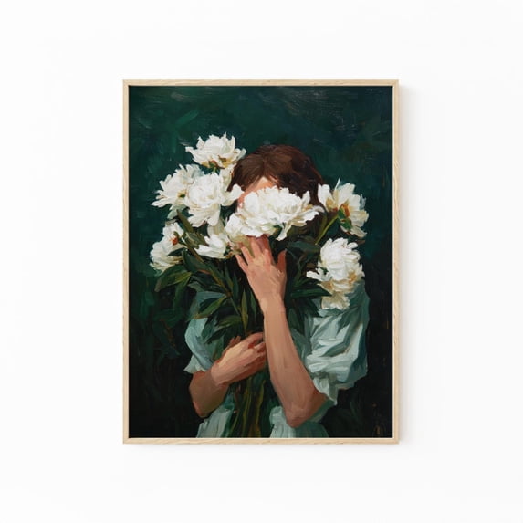 Emerald Green Woman With Flowers Wall Art Print, Japandi Abstract ...