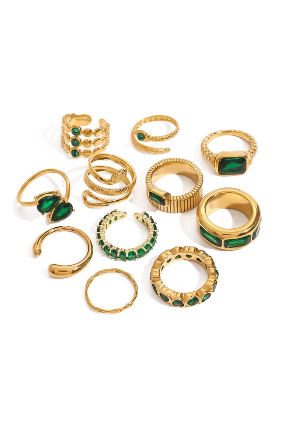 Emerald Green Zircon Ring – Stainless Steel 18K Gold-Plated Titanium Band, MONMONDAY Luxury Statement Jewelry for Men Women