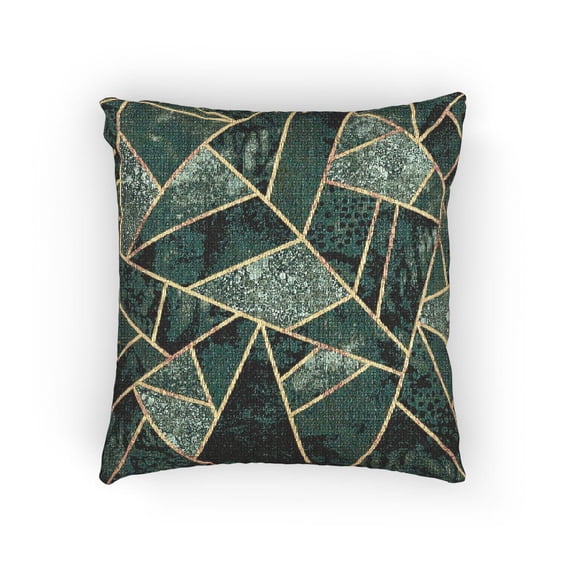 Emerald Green and Gold Geometric Mosaic Woven Pillow, Textured Polygon Pattern