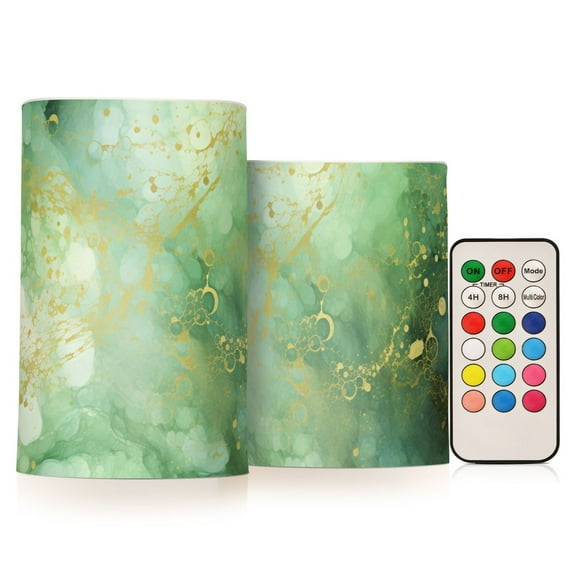 Emerald Green and Gold Marble Flameless Candles with Remote Timer LED Battery Operated Flickering Candle Light for Festival Wedding Home Party
