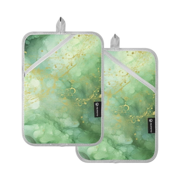 Emerald Green and Gold Marble Oven Mitts 2 Pcs Pot Holders Sets Heat Resistant for Kitchen Cooking Baking 7"x9.8"
