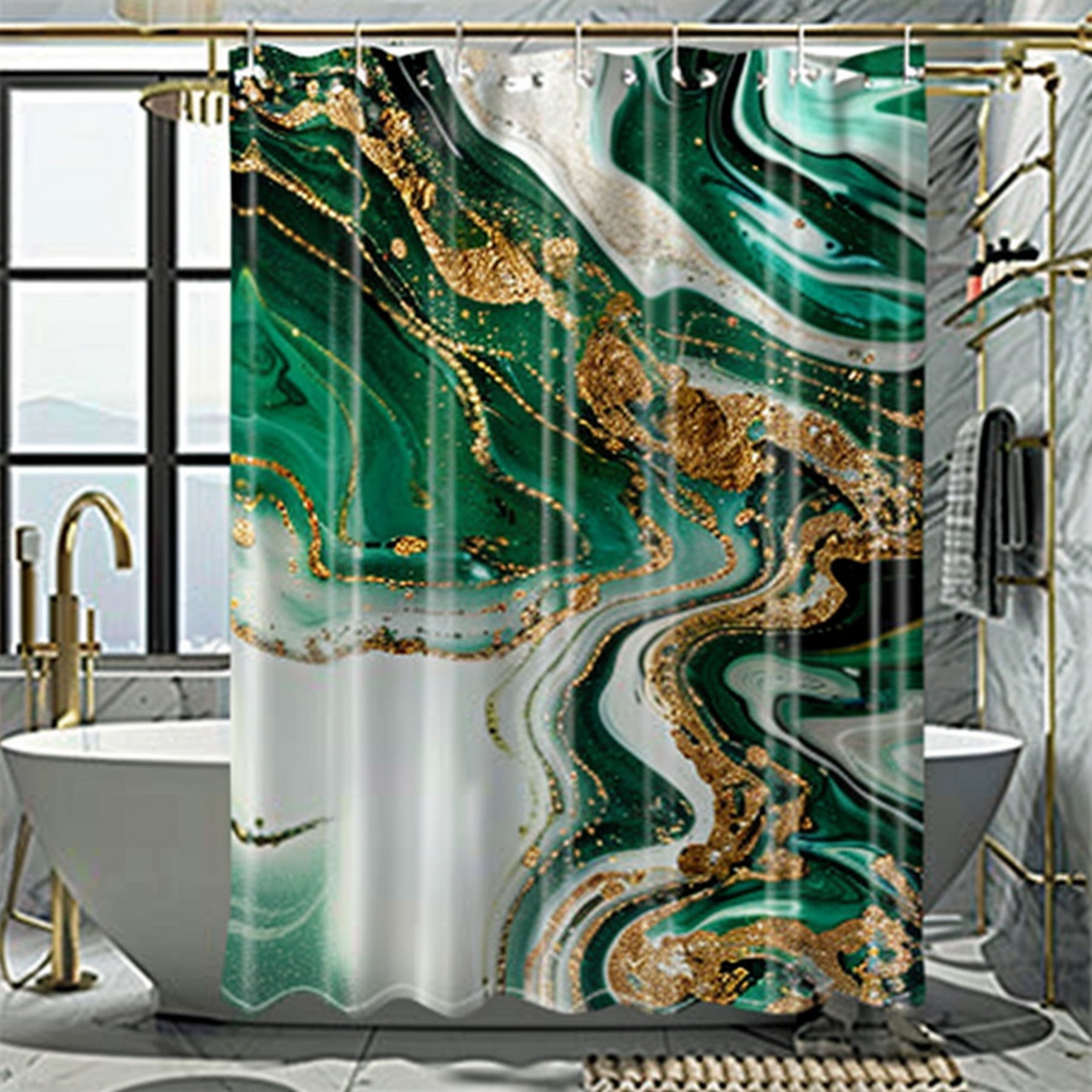 Emerald Green and Gold Marble Print Shower Curtain Modern Style Bathroom Decor Luxurious Marble