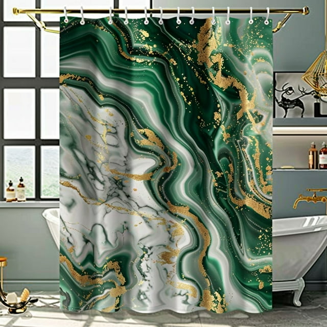 Emerald Green and Gold Marble Print Shower Curtain Modern Style