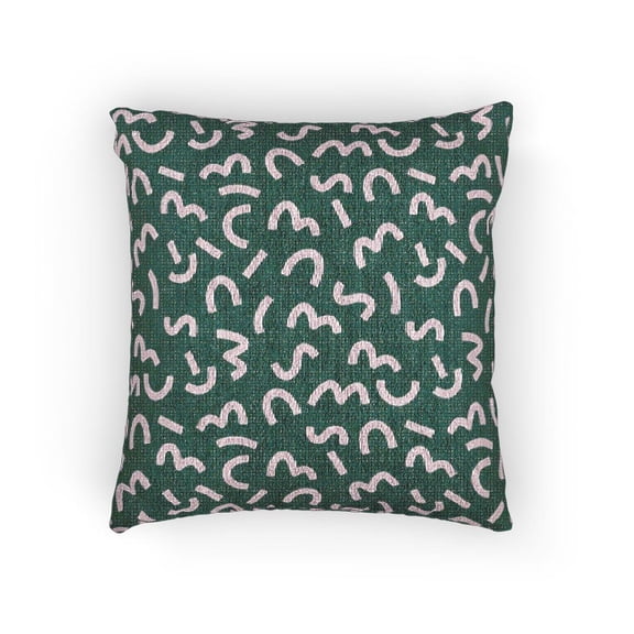 Emerald Green and Light Pink Squiggle Pattern Decorative Woven Pillow, Cotton-Polyester Shell