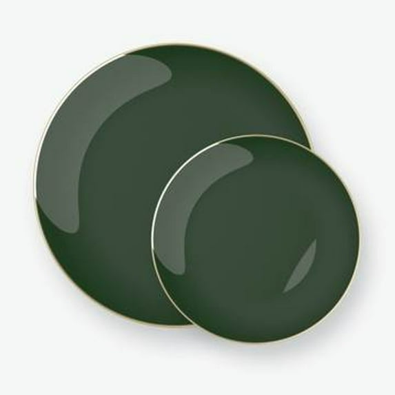 Party Source Emerald Green w/ Gold Rim 8" Round Plastic Wedding Salad / Dessert Plates 10ct.
