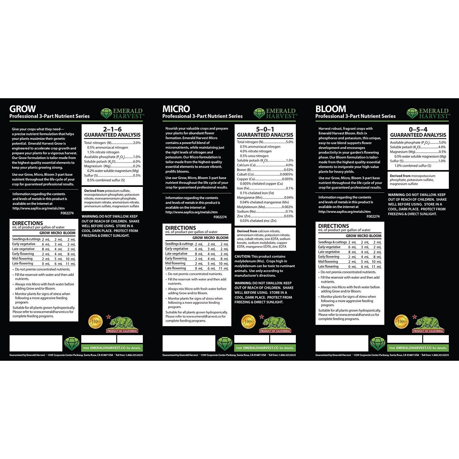 Emerald Harvest GL56723870.878.886 Grow, Micro, Bloom Combo, 0.95 L fertilizers, Natural