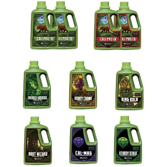 Emerald Harvest Nutrients 2-part Combo Package Kit - 1 Quart Size (Cali Pro Grow A&B, Cali Pro Bloom A&B, Root Wizard, Honey Chome, King Kola, Emerald Goddess, Cal-Mag & Sturdy Stalk)