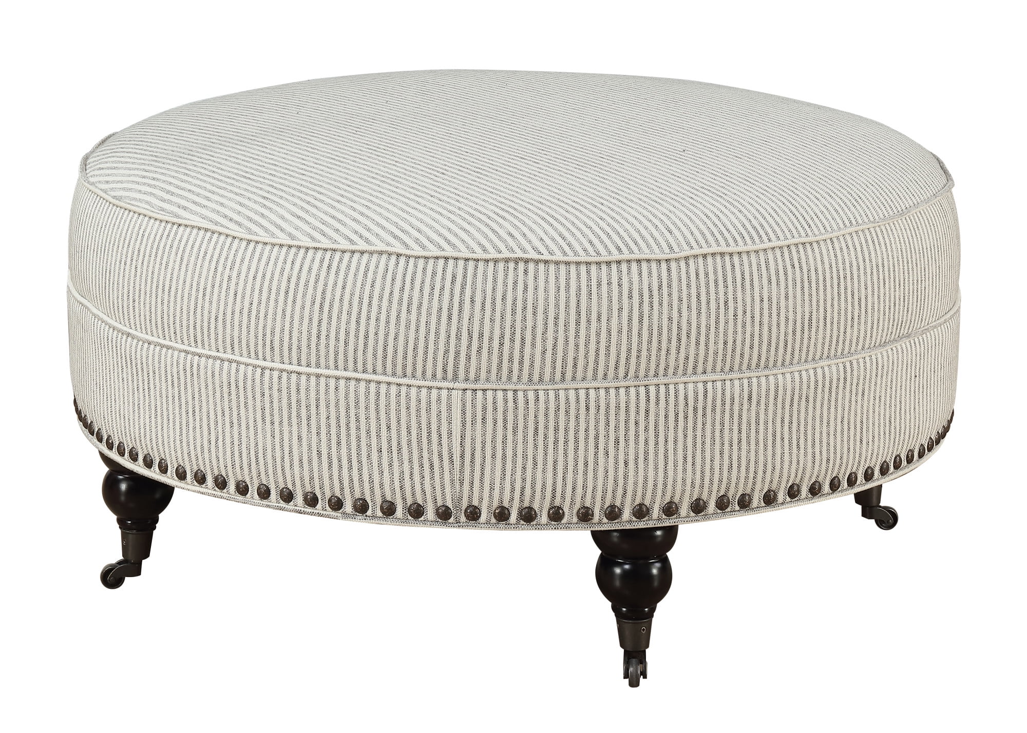 Emerald Home Willow Creek Pebble Gray Stripe Ottoman with Turned Feet, Nailhead Trim, And Seam Welting