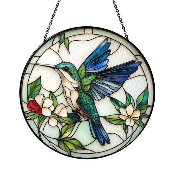 Emerald Hummingbird Stained Glass Suncatcher, Botanical Window Hanging Decor