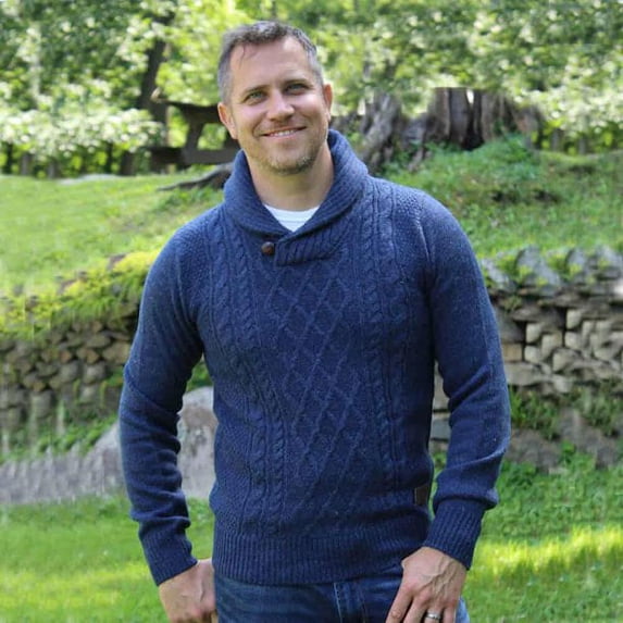 Emerald Isle Knitwear Irish Sweater Killarney Style- Men's Blue Sweater, Large