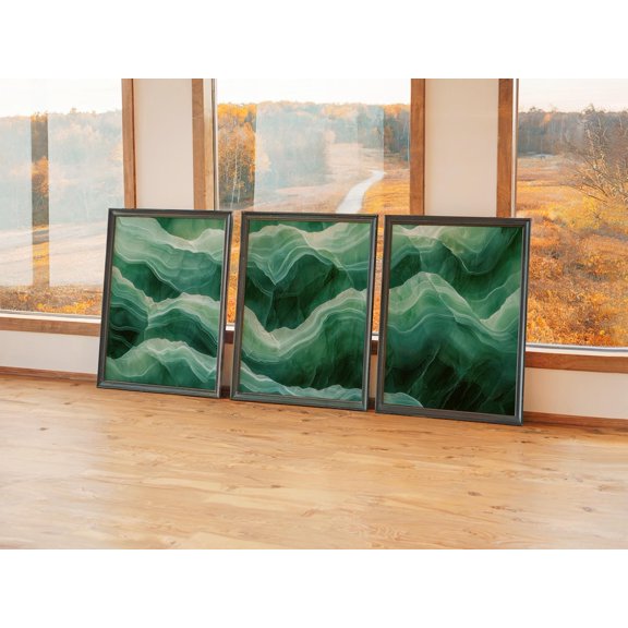 Emerald Jade Wall Art Print Set Of 3, Deep Green Stone Organic Decor