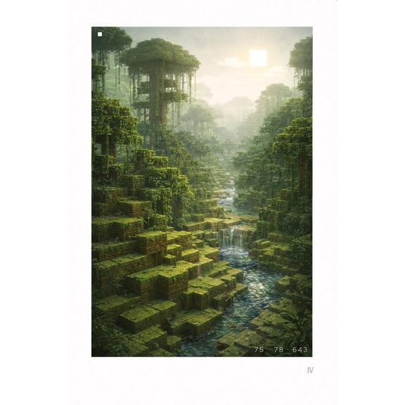 Emerald Jungle Waterfall Pixel Poster Print 8x12 UNFRAMED