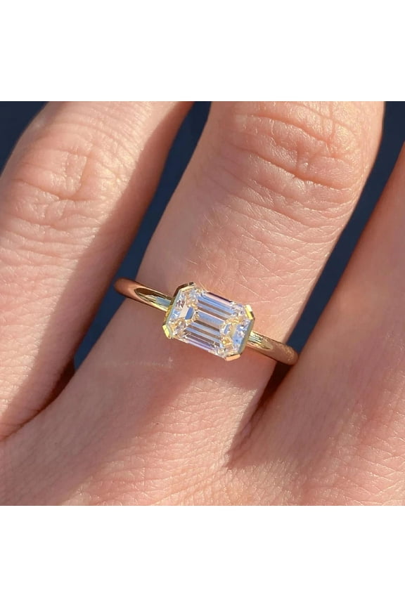 Emerald Lab Created Diamond Half Bezel Set East West Engagement Ring 14K Yellow Gold Plated