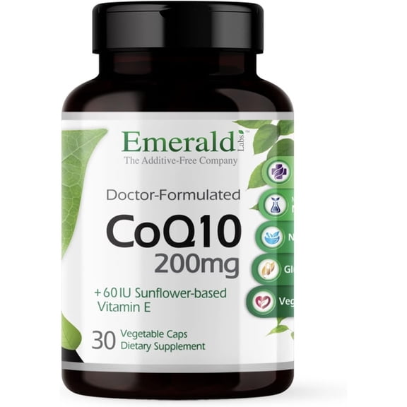 Emerald Labs CoQ10 200 mg with 60 IU Natural Vitamin E for Heart Health Support, Energy Production, Supports Immune System - 30 Capsules