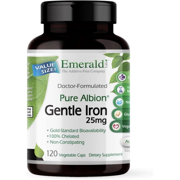 Emerald Labs Gentle Iron 25 mg to Support Relief of Constipation, Gold Standard Bioavailability - 120 Vegetable Capsules