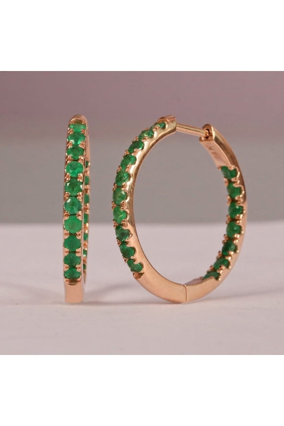 Emerald Large Inside Out Side Hoop Earrings, 925 Starling Silver Earring, Round Emerald Huggie Hoops, Christmas Gift For Her